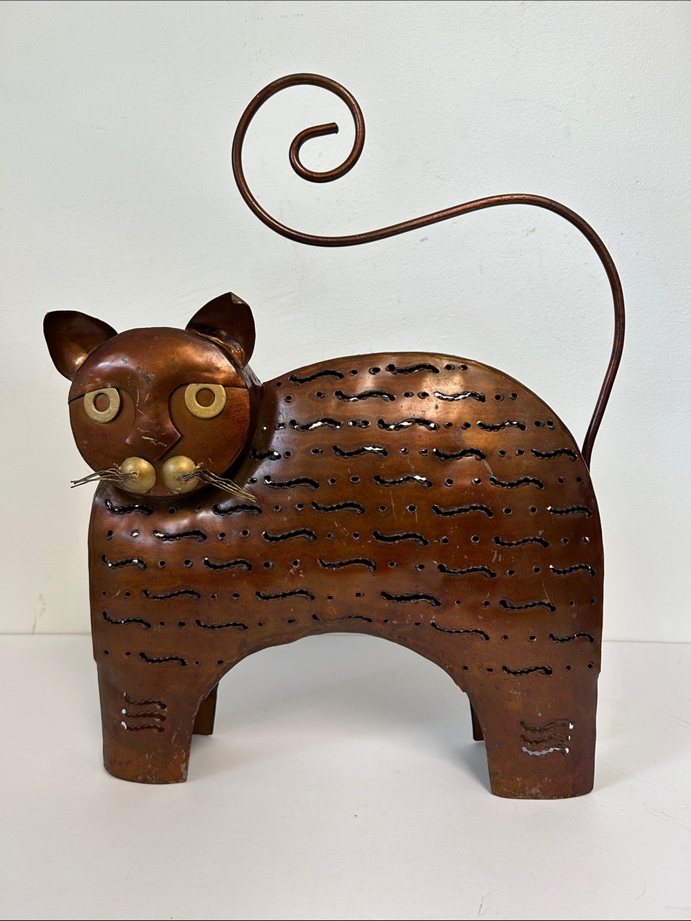 Vintage Brutalist Large Metal Industrial Perforated Cat Candle Holder Luminary
